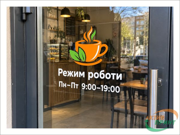 Прозрачная наклейка на стеклянной двери кафе: логотип и режим работы белым